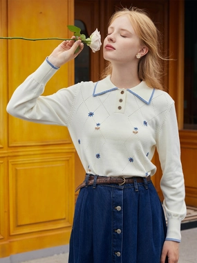 EcoConscious Manufacturing ??Final Sale??Aurora Floral Embroidery Contrast Trim Sweater