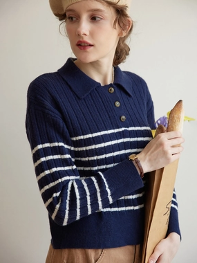 ??Final Sale??Davian Striped Blue Polo Knit Top Flexible Knit Construction Winter Travel