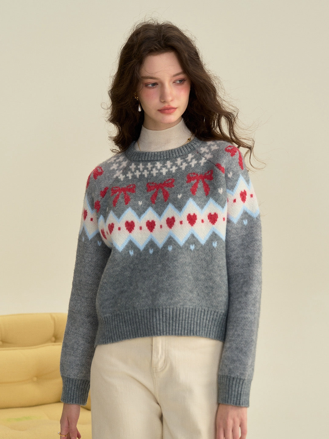 Breathable Merino Wool On-The-Go ??Final Sale??Elina Round Neck Ribbed Embroidered Bow Heartcore Sweater