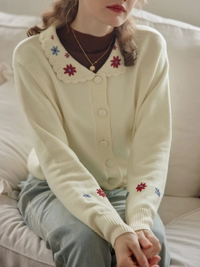 Layered Texture Neutral Style ??Final Sale??Grace Floral Embroidered Apricot Knit Cardigan