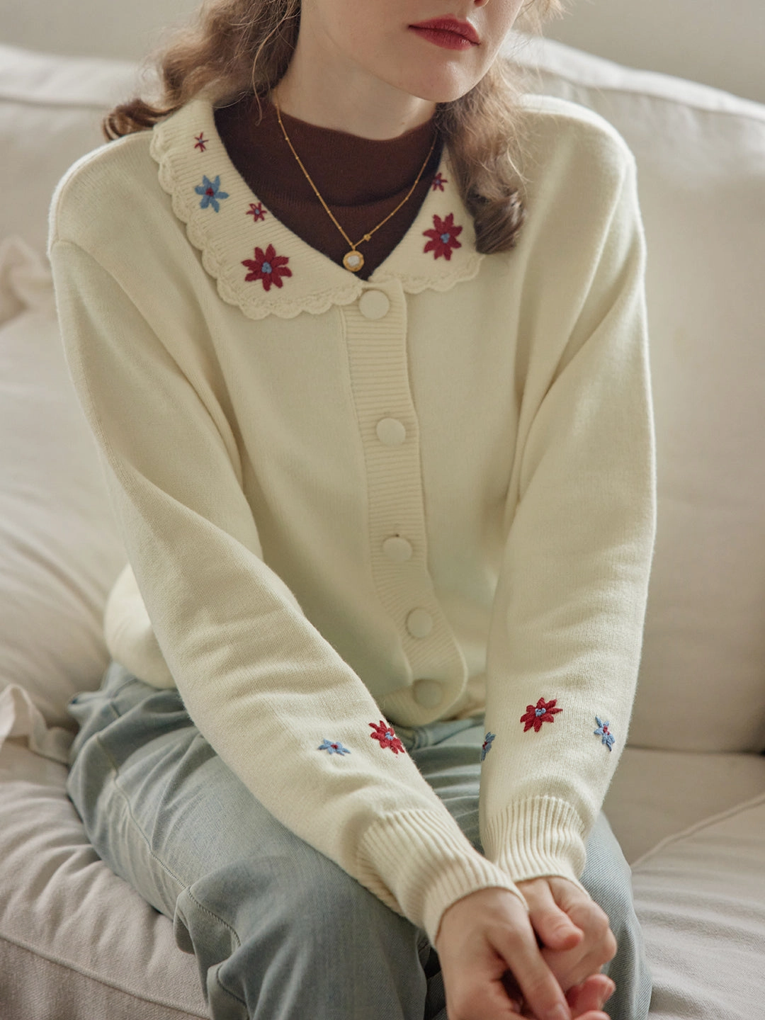 OdorResistant Fiber ??Final Sale??Grace Floral Embroidered Apricot Knit Cardigan