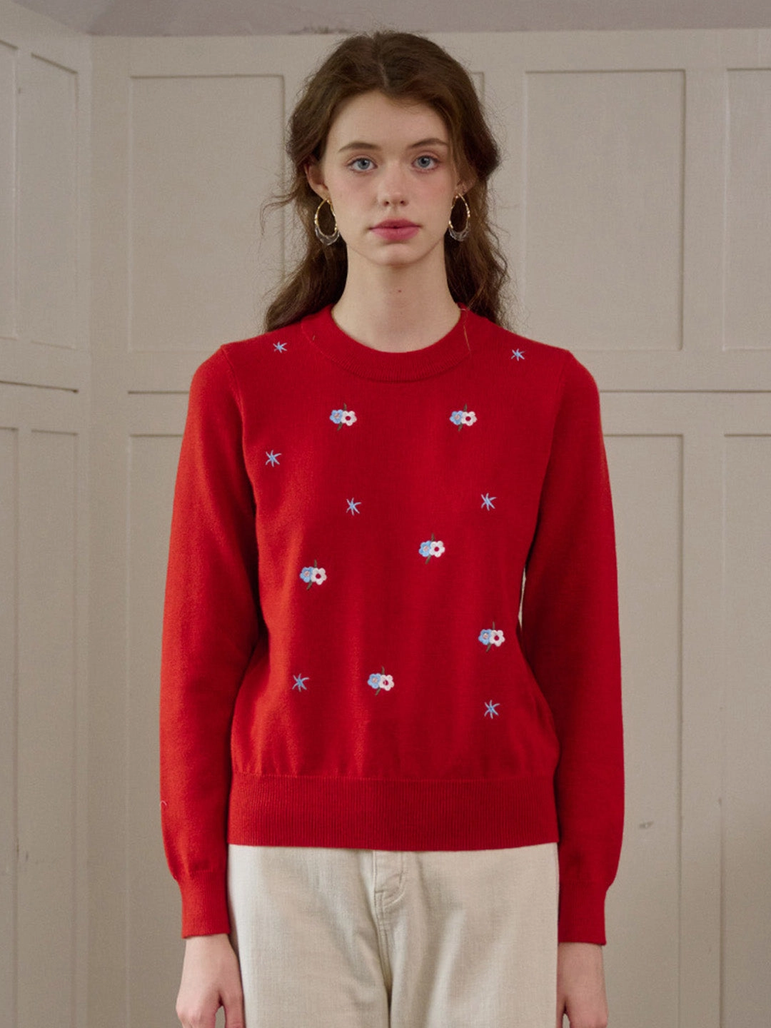 ??Final Sale??Gracie Round Neck Embroidery Sweater Multi Layer Weaving Sleek Wear