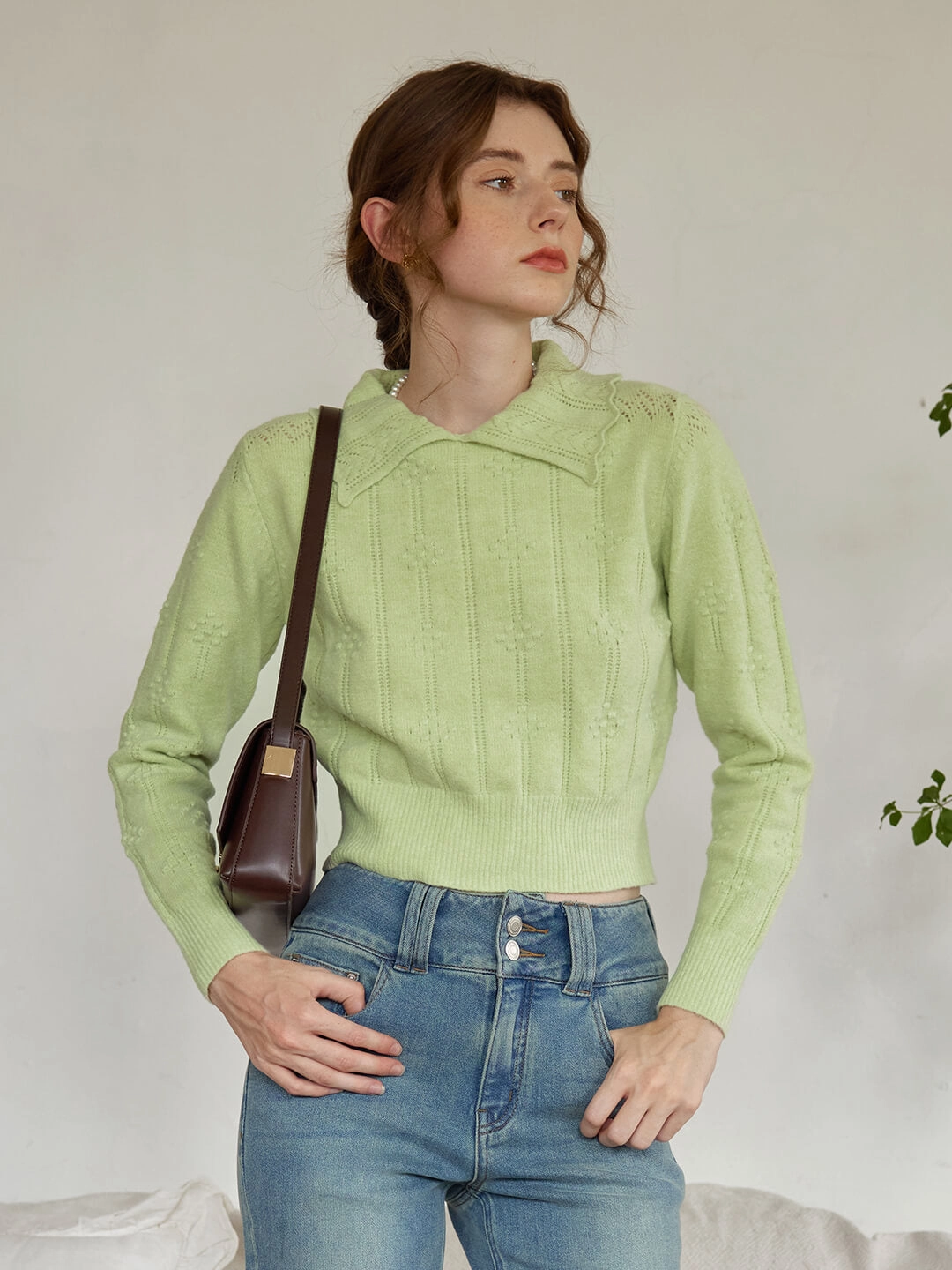 ??Final Sale??Jasmine Cable Polo Green Knit Sweater Durable Blend WaffleKnit Texture