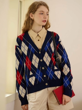 ??Final Sale??Jolene Argyle Patterned Dark Blue Knit Cardigan Office Trend