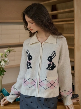 Diagonal Pocket Placement Recycled Polyester ??Final Sale??Layne Lapel Clashing Rabbit Embroidery Zip Cardigan