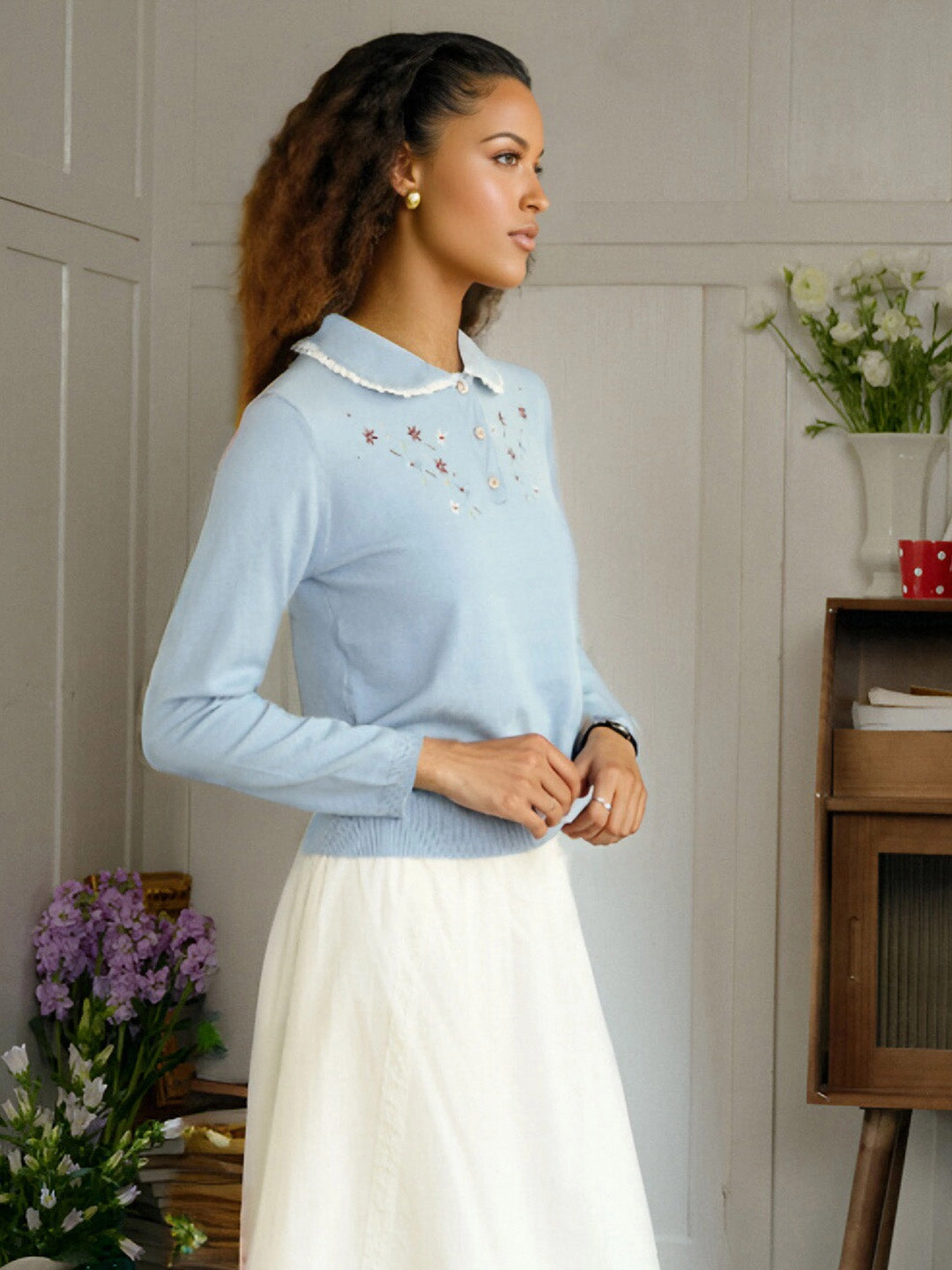 ??Final Sale??Martha Peter Pan Collar Embroidery Sweater Shrinkage Control Treatment