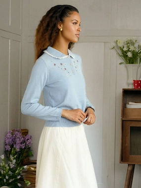 Elastic Seamless Design Relaxed Cut ??Final Sale??Martha Peter Pan Collar Embroidery Sweater