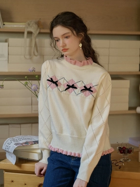 ??Final Sale??Max Ruffled Collar Bow Sweater FadeResistant Color Cold Layer