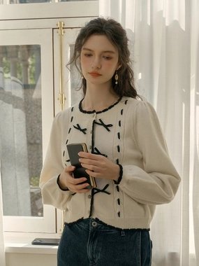??Final Sale??Miranda Round Neck Contrast Bow cardigan GarmentDyed Finish