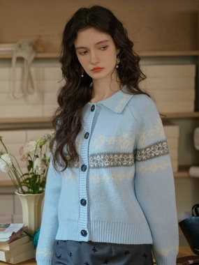 Double Layered Design Heat Retention Technology ??Final Sale??Nyra Peter Pan Collar Clash Print Cardigan