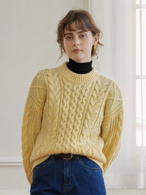 Shrinkage Control Treatment ??Final Sale??Raina Cable Yellow Irish Knit Wool Sweater