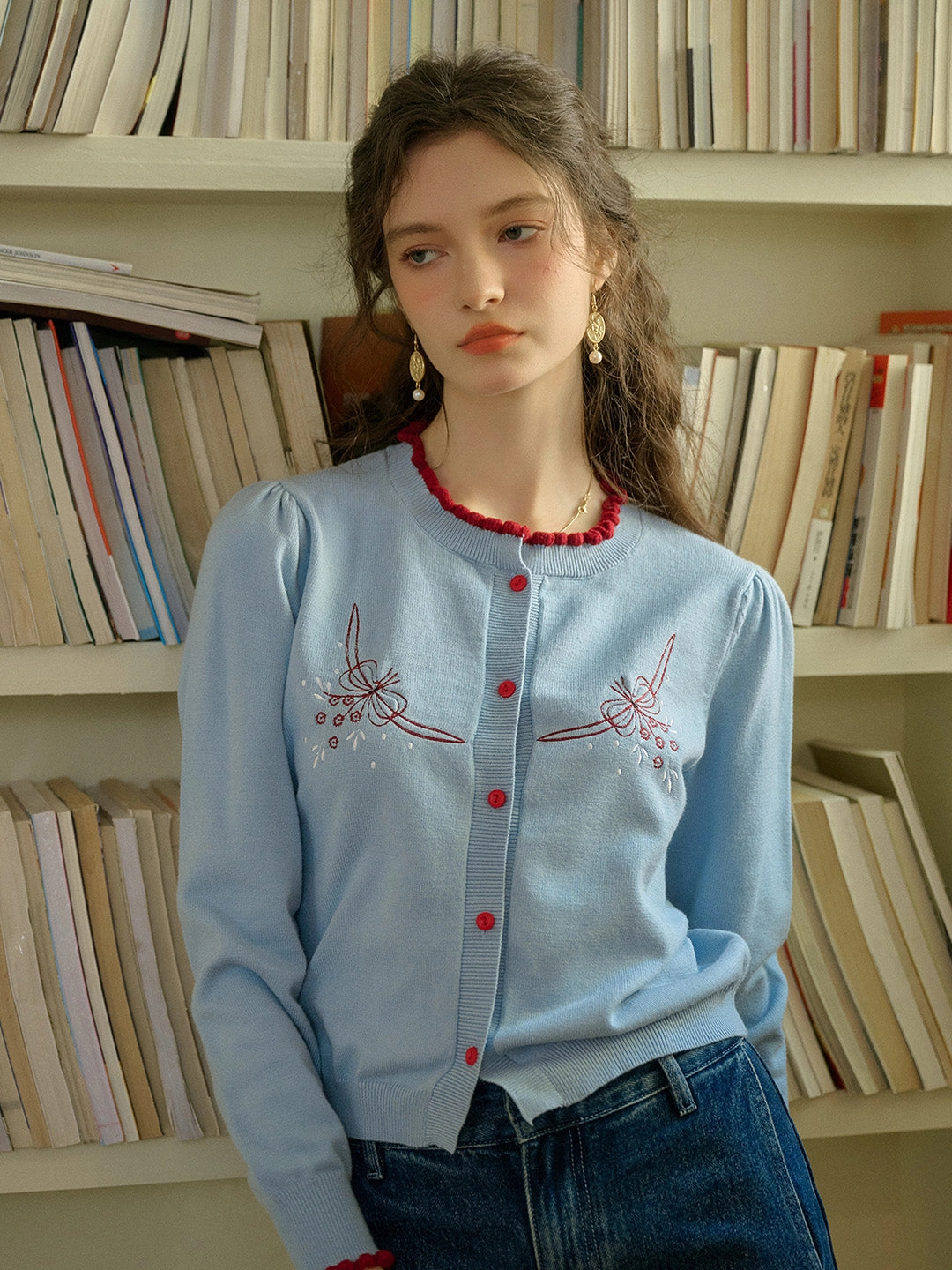 ??Final Sale??Soleil Standing Collar Embroidered Colour Clash Sweater Cardigan NonRestrictive Cuff Design