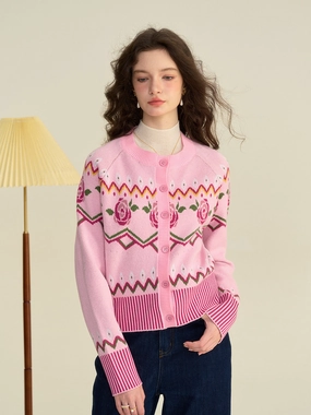 Chill Evening Crisp Design ??Final Sale??Violette Round Collar Clashing Embroidery Rose Cardigan