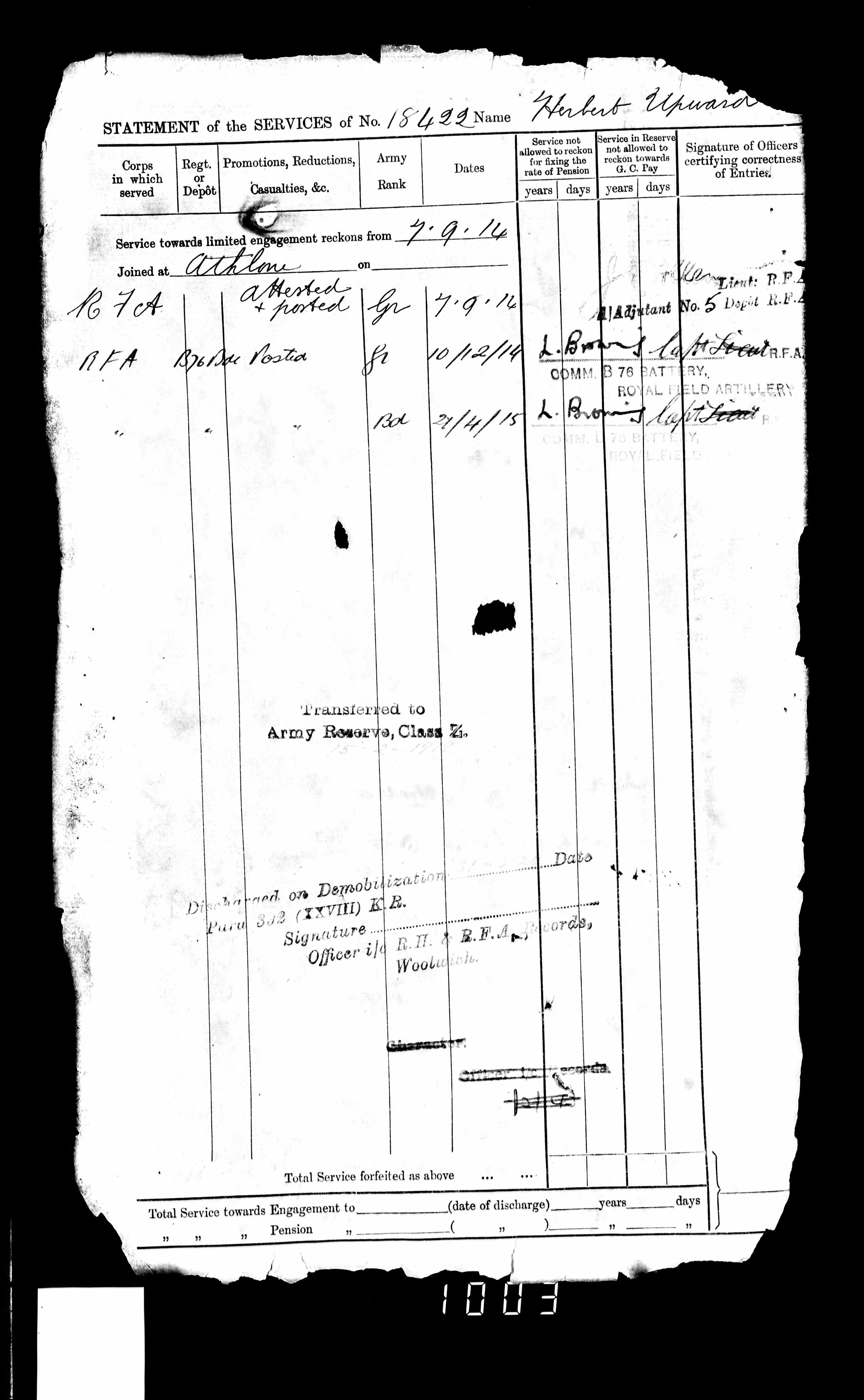 A Great War M.M. Group 18422 Corporal H. Upward of the 76th Brigade RFA