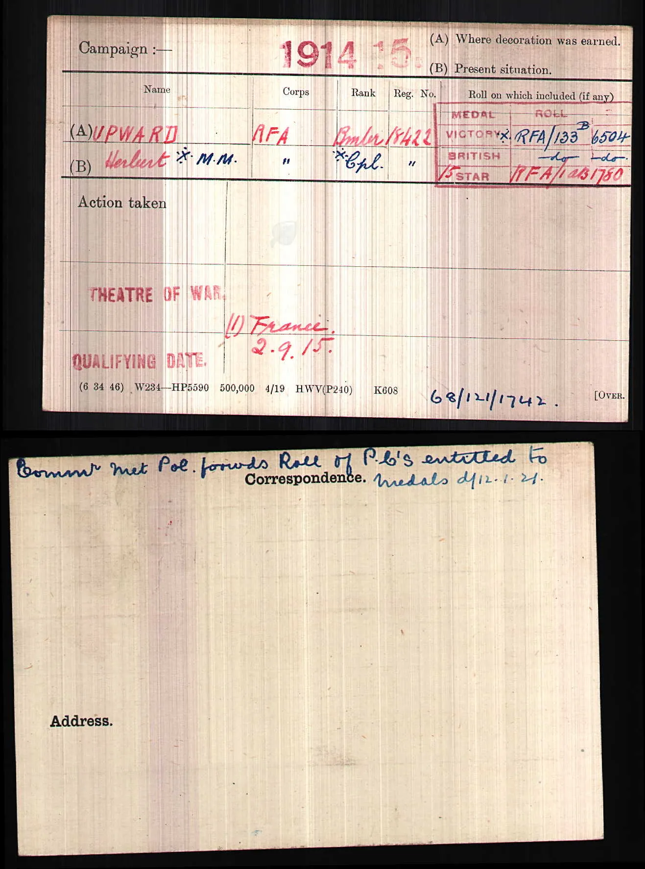 A Great War M.M. Group 18422 Corporal H. Upward of the 76th Brigade RFA