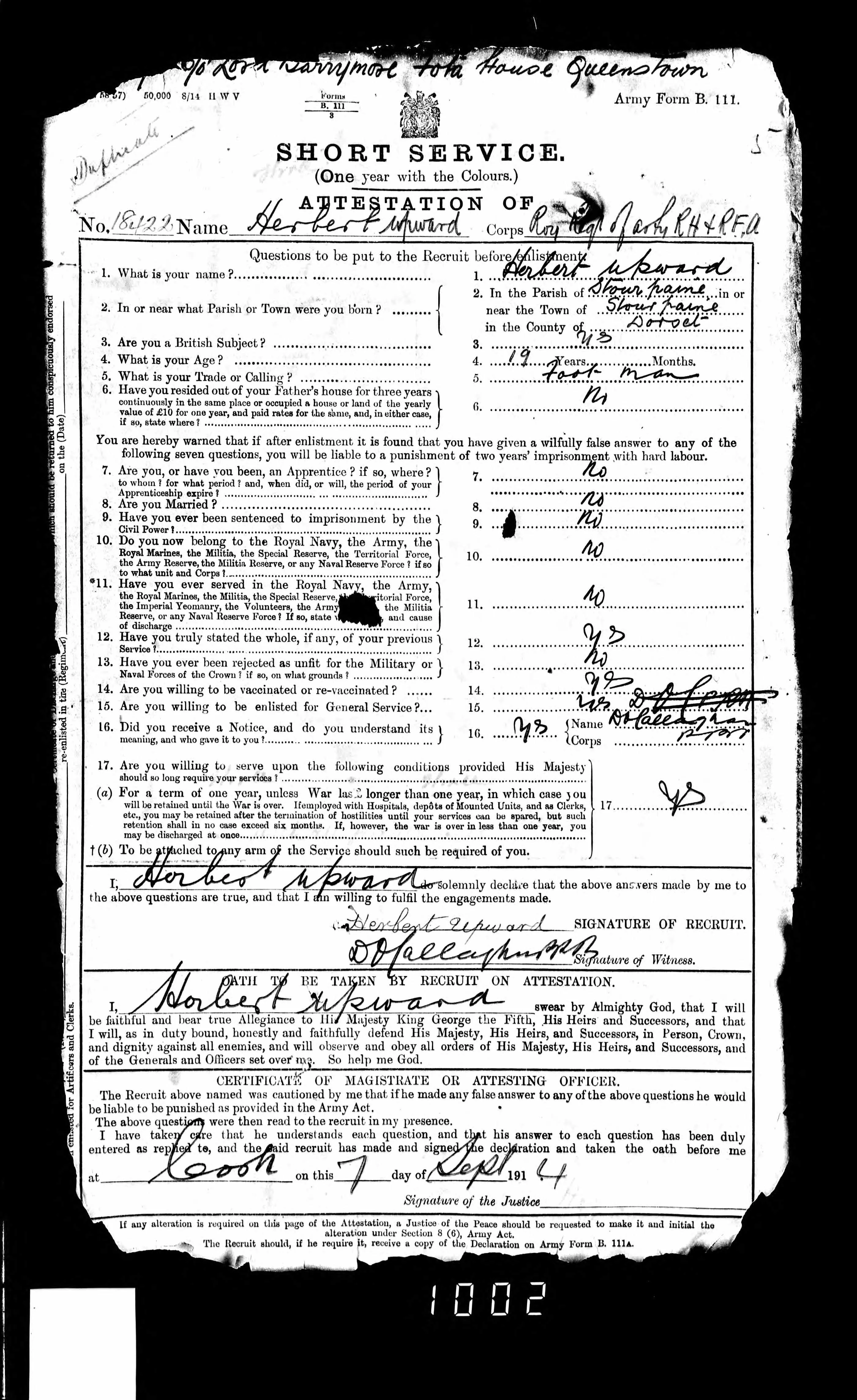 A Great War M.M. Group 18422 Corporal H. Upward of the 76th Brigade RFA