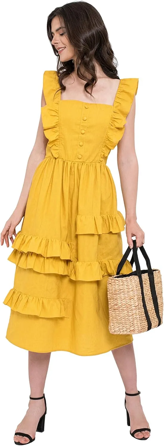 Abby Summer Ruffled Sleeve, Frilled Skirt Linen Midi Dress