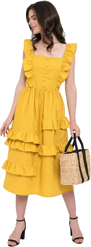 Abby Summer Ruffled Sleeve, Frilled Skirt Linen Midi Dress