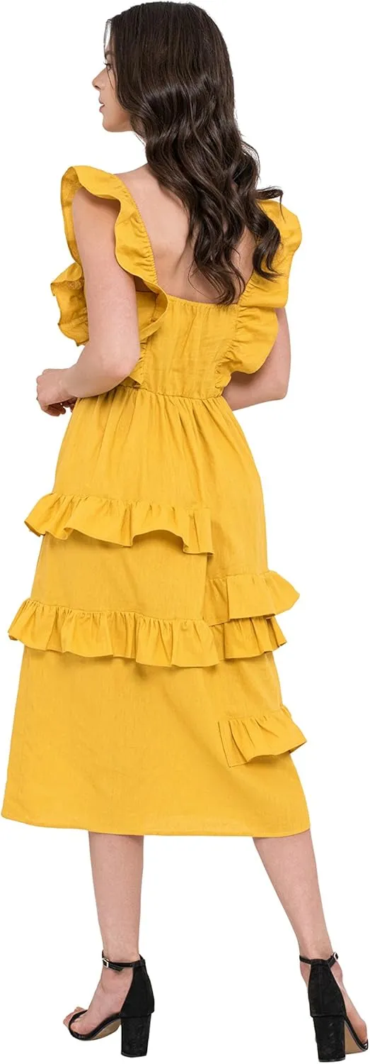 Abby Summer Ruffled Sleeve, Frilled Skirt Linen Midi Dress