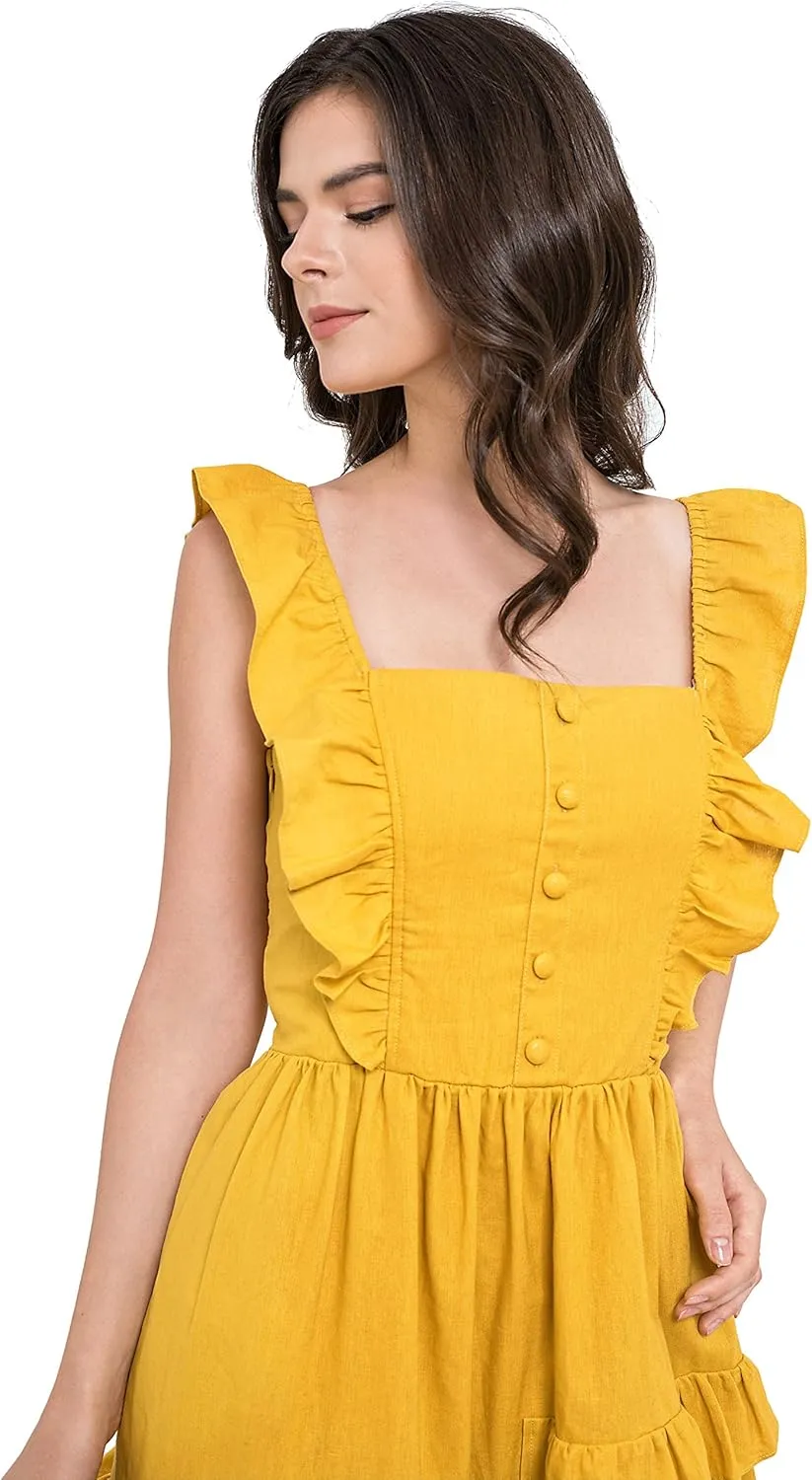 Abby Summer Ruffled Sleeve, Frilled Skirt Linen Midi Dress