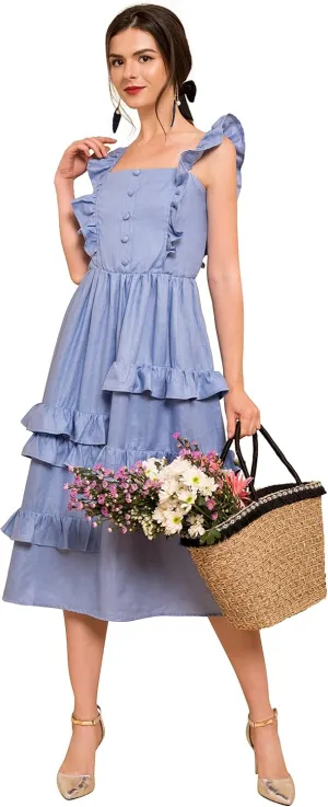 Abby Summer Ruffled Sleeve, Frilled Skirt Linen Midi Dress