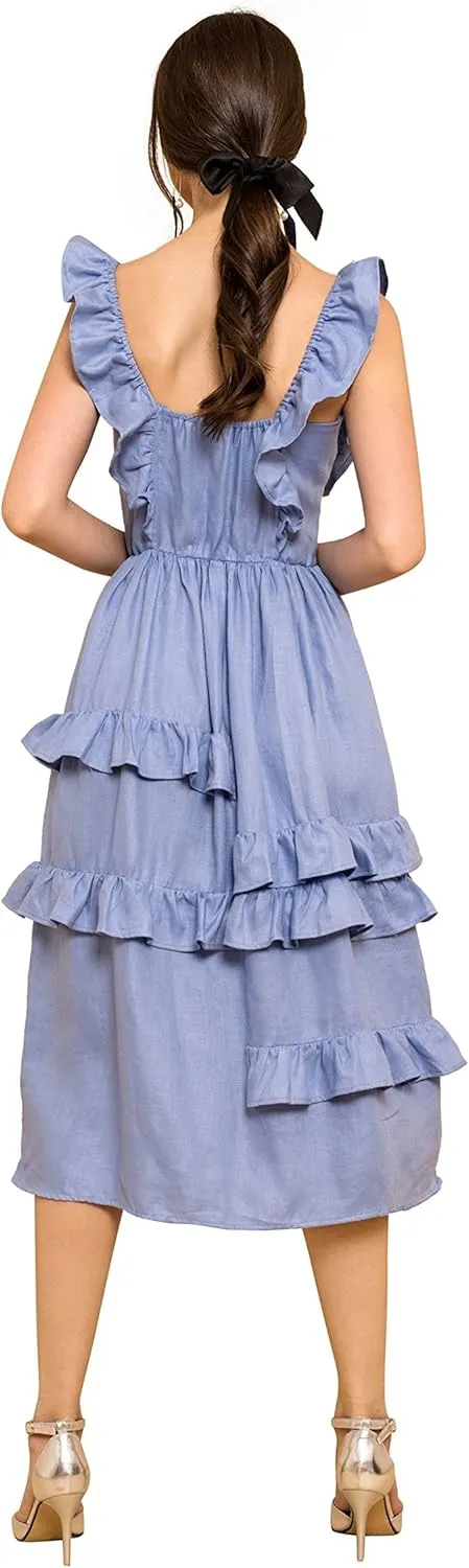 Abby Summer Ruffled Sleeve, Frilled Skirt Linen Midi Dress