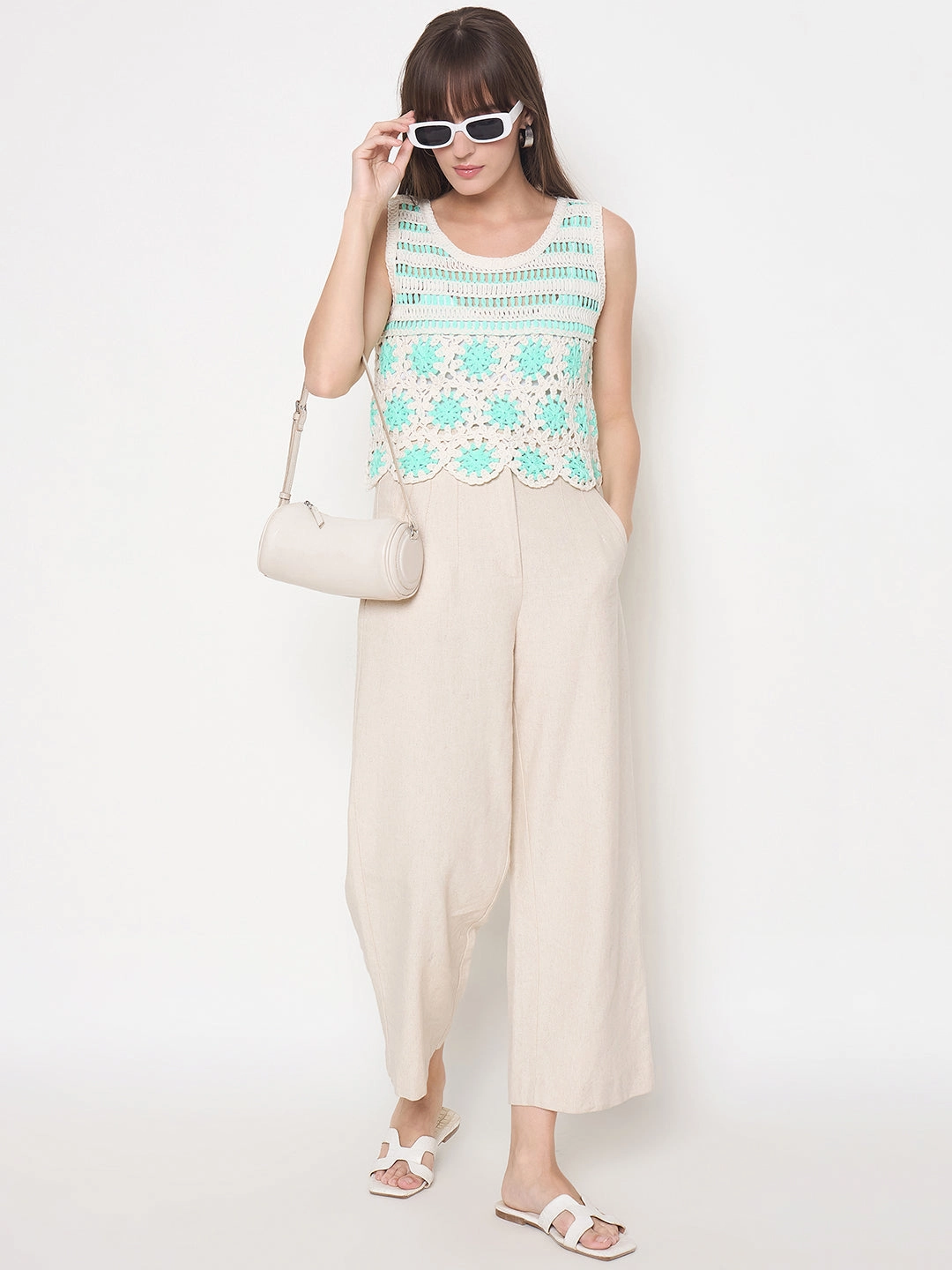 Madame Crochet Sleeveless Solid Green Cotton Top Hygroscopic Inner Layer Flexible Waistband Adaptation