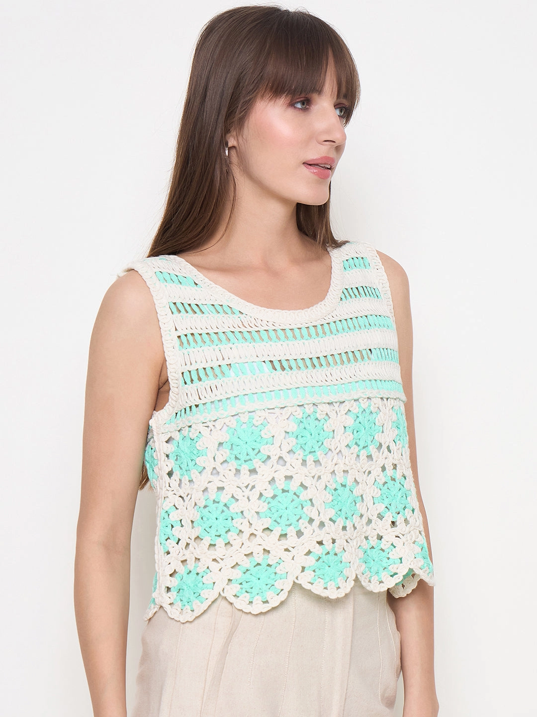 TaglessComfort Madame Crochet Sleeveless Solid Green Cotton Top