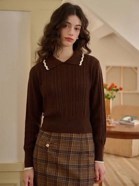 Shrink Resistant Process Maria Contrast Wavy Lapel Knitted Sweater