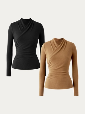 2Pcs Set Surplice Long Sleeve Top Versatile Shirt NoiseReduciting Zipper