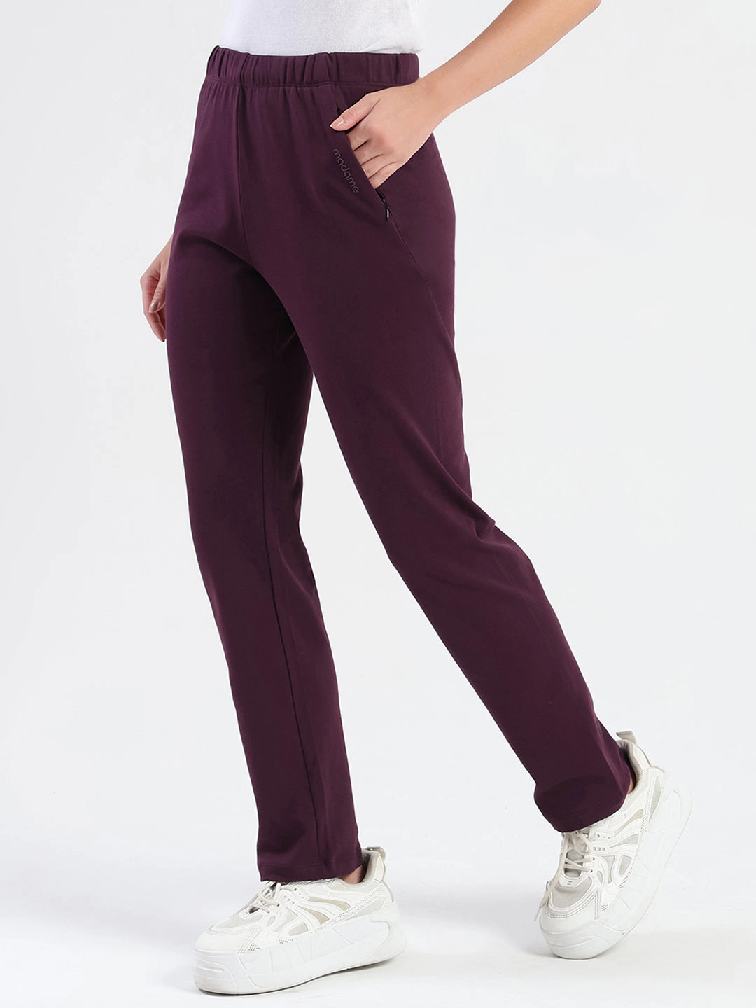 Madame Dark Purple Cotton Blend Track Bottoms Smart Fit Free Movement