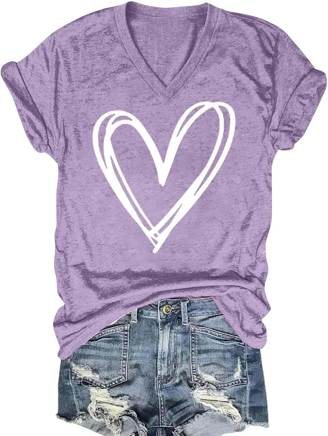 Abstract Heart Sketch V Neck Short Sleeve T Shirt for Women Casual Love Graphic Tee Valentines Shirts for Women