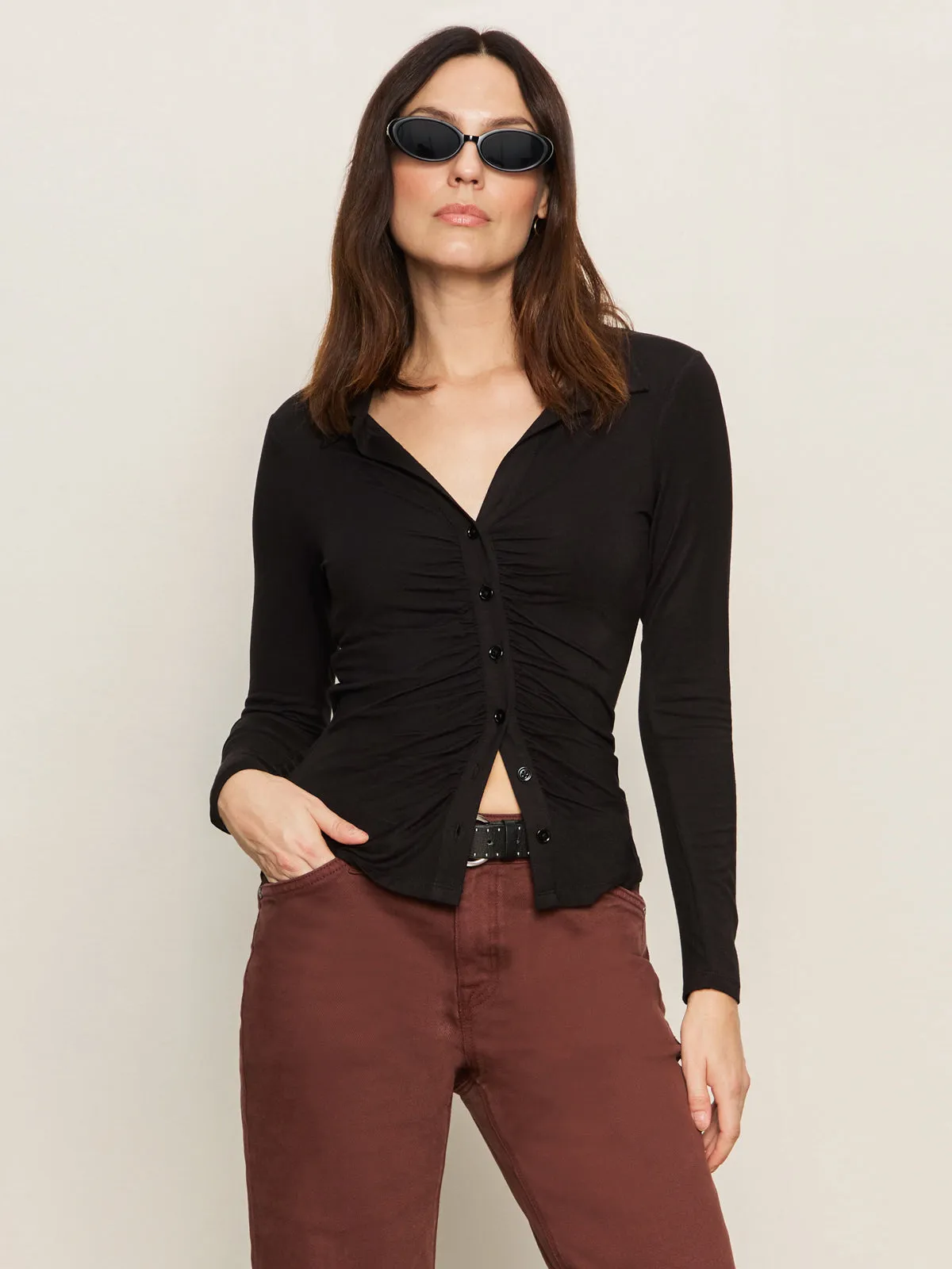 SoftTouchFinish ReinforcedHems Dreamgirl Knit Button Up Top Black