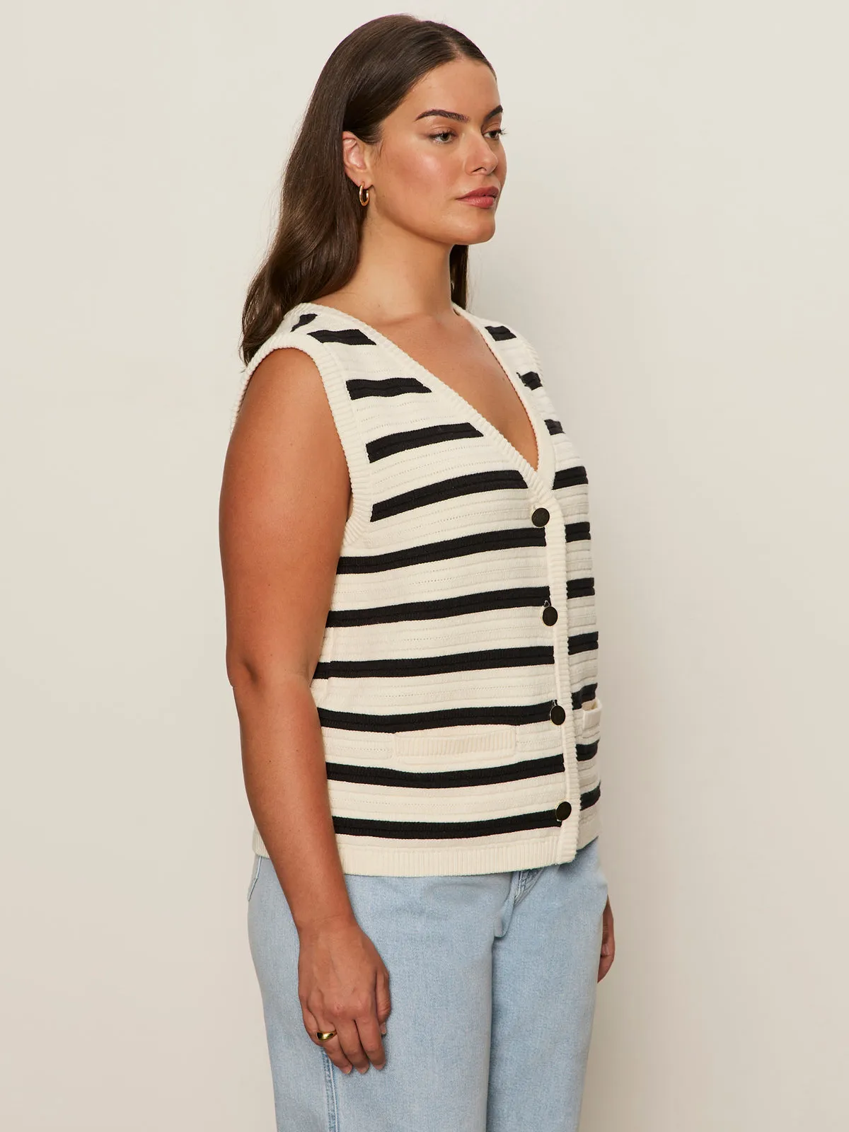 On-the-Go Fashion Micro Perforated Fabric Textured Sweater Vest Macrame/ Black Stripe 3 Extended Sizing