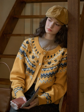 Kinslee Rib Crew Neck SR Exclusive Design Jacquard Fair Isle Cardigan High Thread Count Versatile Layered