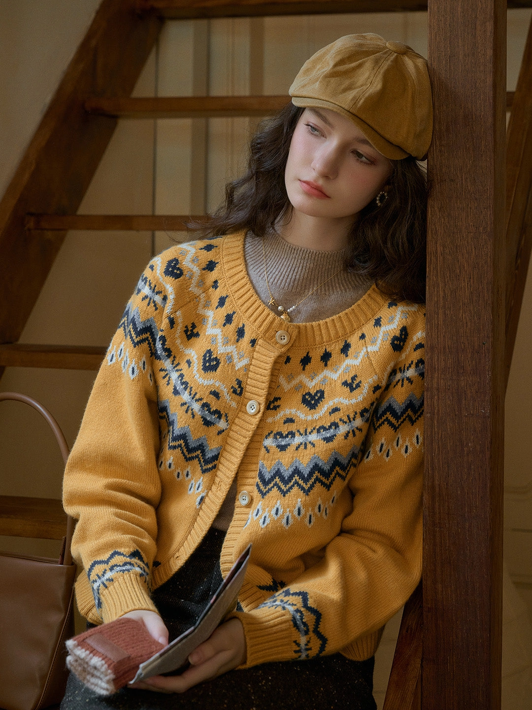 Gentle Wash Process Kinslee Rib Crew Neck SR Exclusive Design Jacquard Fair Isle Cardigan