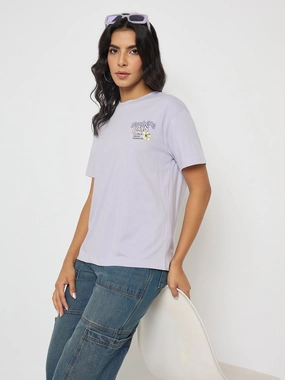 Madame Graphic Print Adorned Lilac Cotton T-shirt Structured silhouette