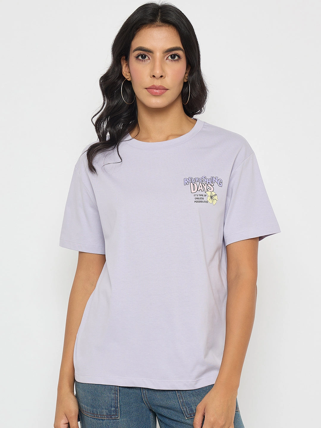 anniversary Madame Graphic Print Adorned Lilac Cotton T-shirt