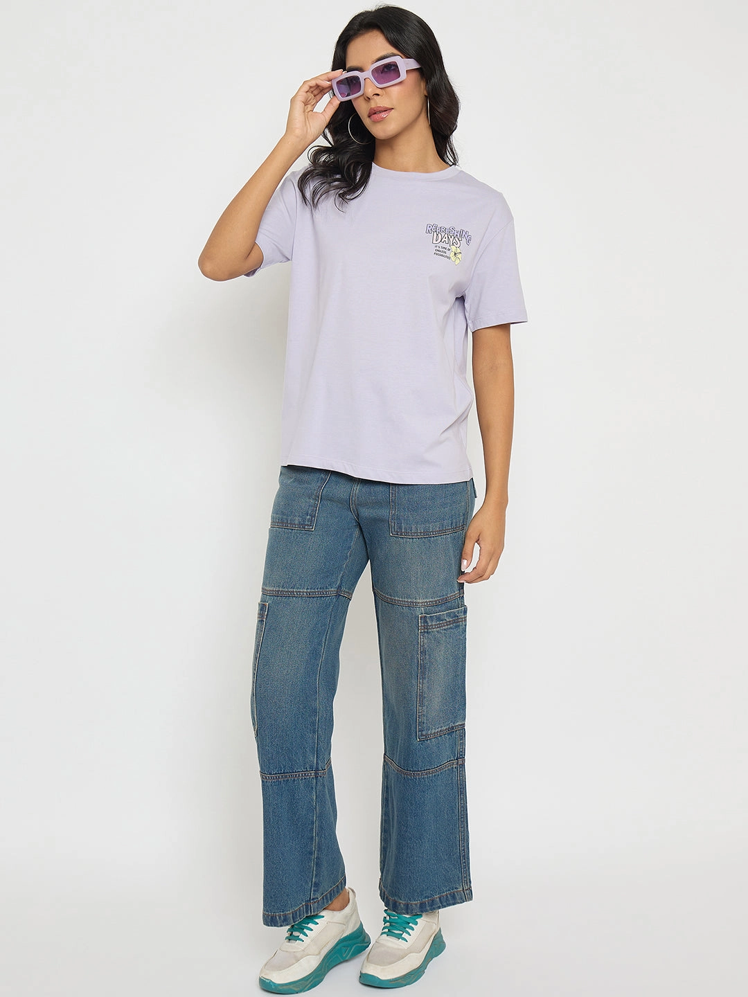 Taped Neckline Breathable Performance Madame Graphic Print Adorned Lilac Cotton T-shirt
