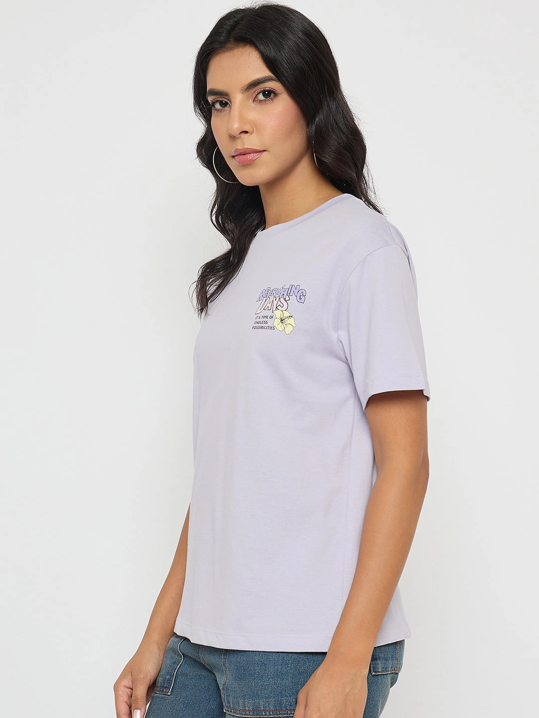 Madame Graphic Print Adorned Lilac Cotton T-shirt Sun Protection Fashionable Option