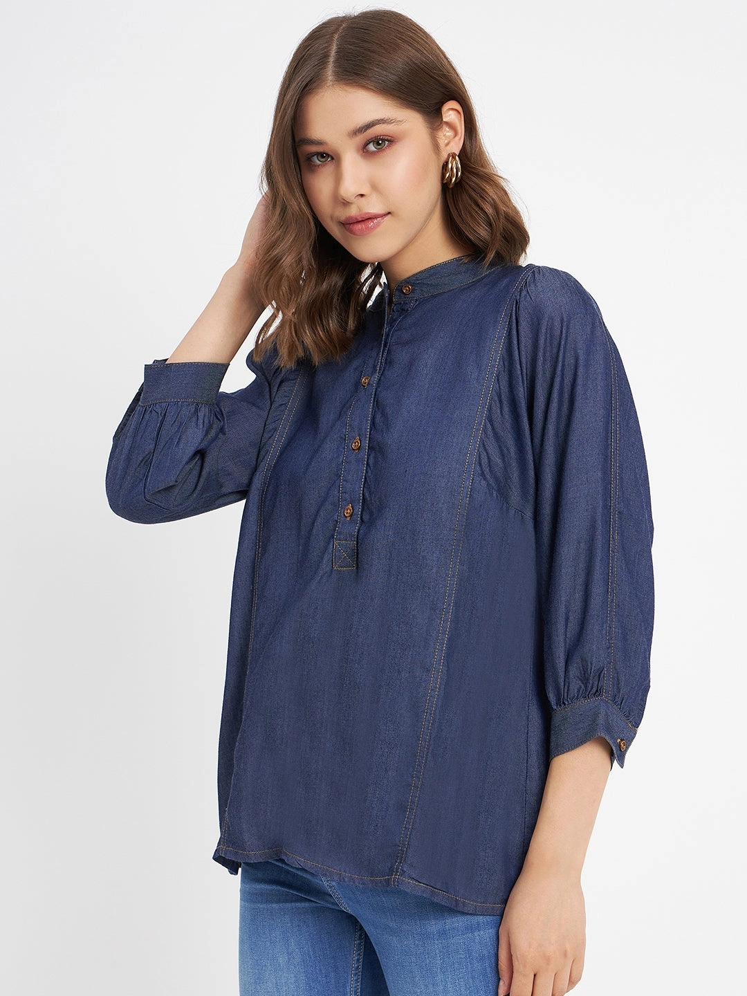 Madame Button-Down Front Solid Dark Navy Cotton Top NonIrritatingTags