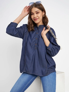 Madame Button-Down Front Solid Dark Navy Cotton Top Non Irritating Seams