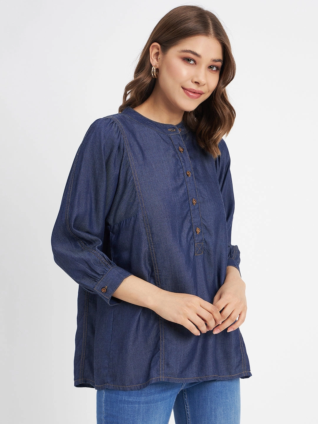 Two Tone Texture Effect Soft Pullover Madame Button-Down Front Solid Dark Navy Cotton Top