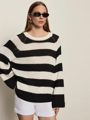 Textured Raglan Crew Sweater Chalk/ Black Stripe Winter Fashion FrictionFreeNeckline