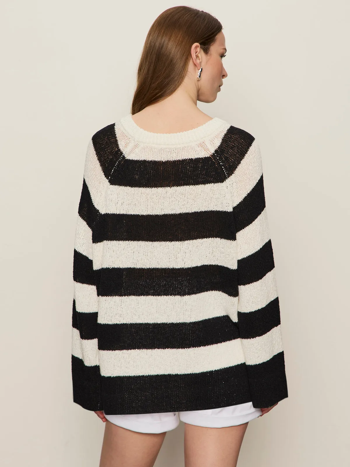 Organic Cotton Fiber Textured Raglan Crew Sweater Chalk/ Black Stripe