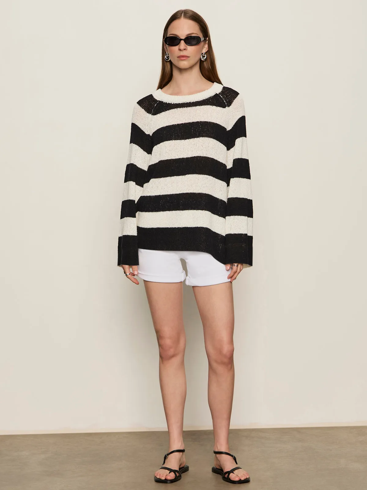Textured Raglan Crew Sweater Chalk/ Black Stripe Summer Style
