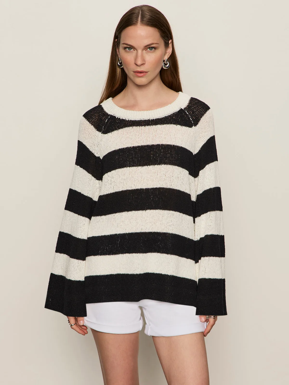 Textured Raglan Crew Sweater Chalk/ Black Stripe ClassicCrewNeck