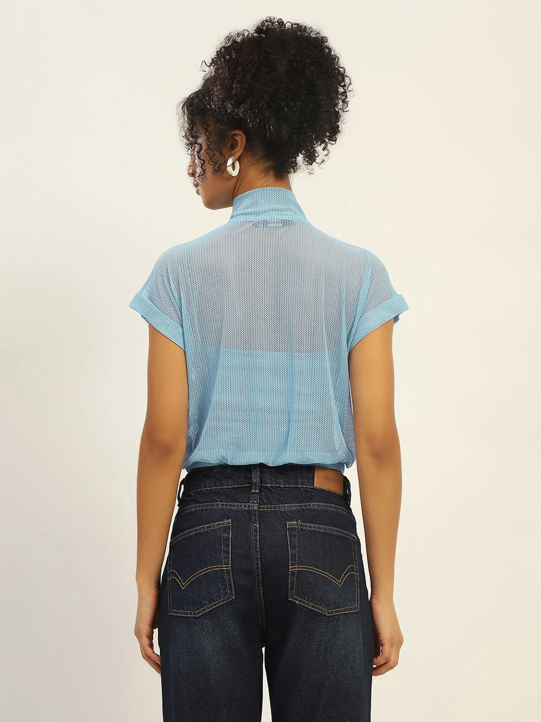 Madame Front Zipper Half Sleeve Cotton Blue Top Active Look