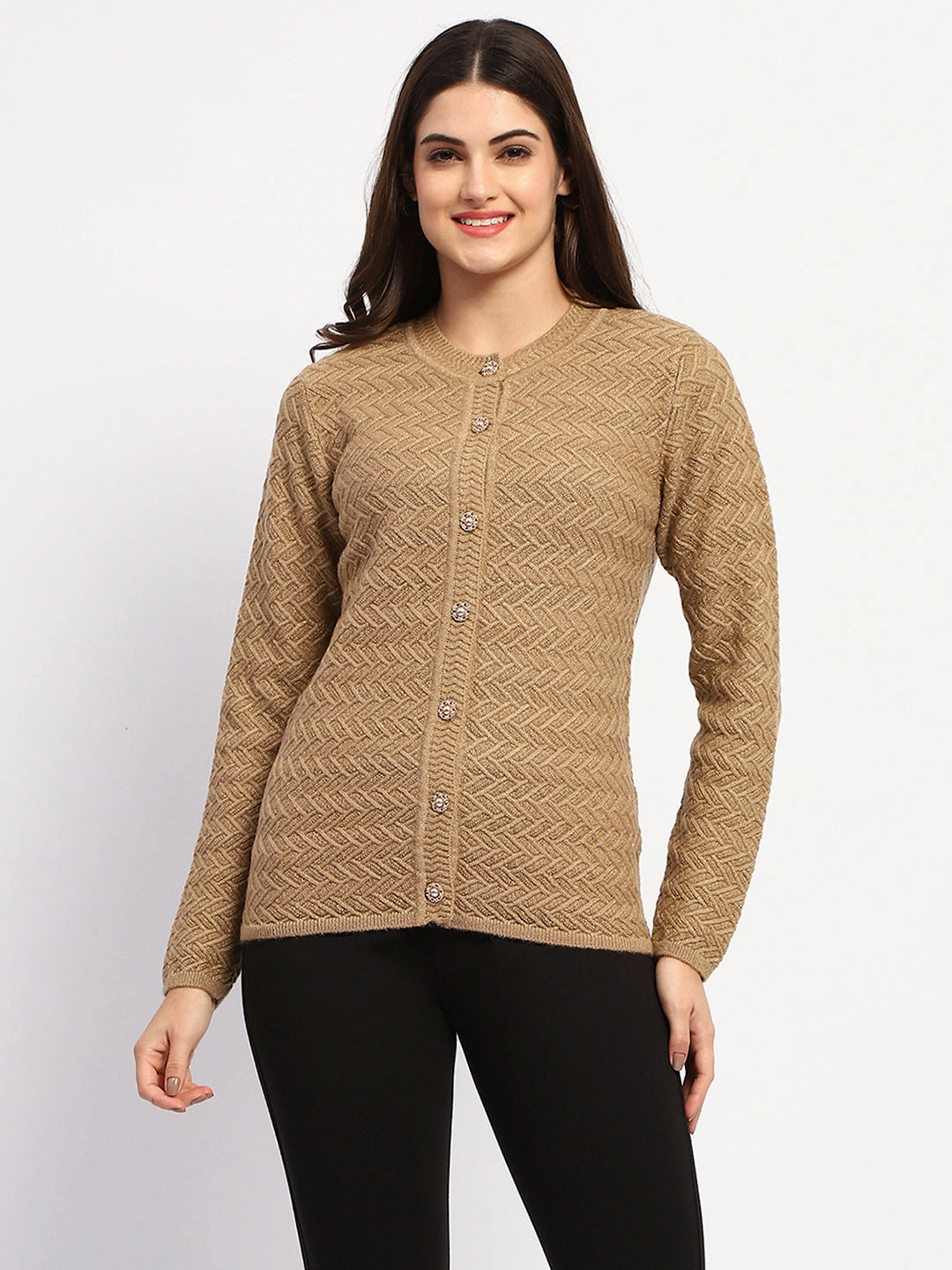 Madame Camel Cable Knit Button Down Cardigan Warm Layer
