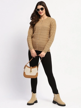 Madame Camel Cable Knit Button Down Cardigan Printed Blouse